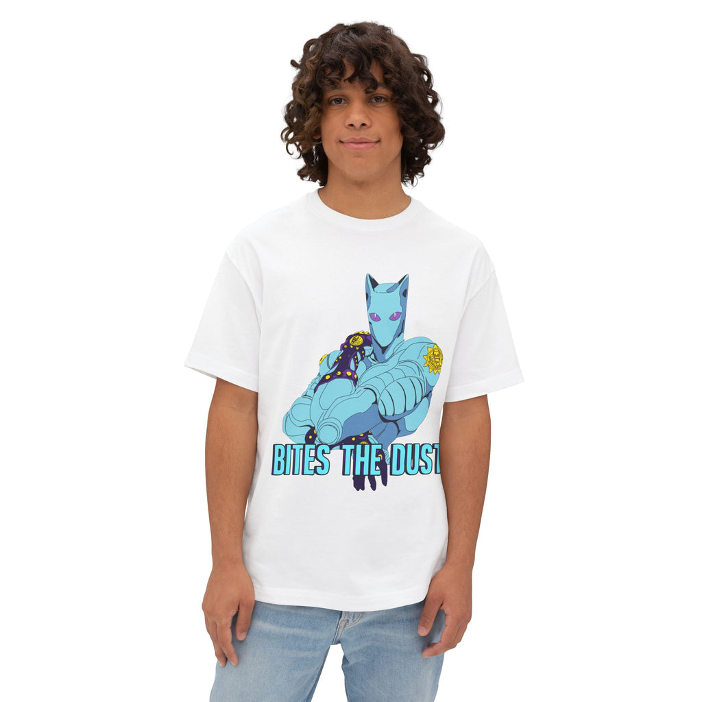 Jojo's Bizarre Adventure Inspired Killer Queen Oversized Graphic Tee — 'Bites the Dust' Anime-Style Armored Figure T‑Shirt