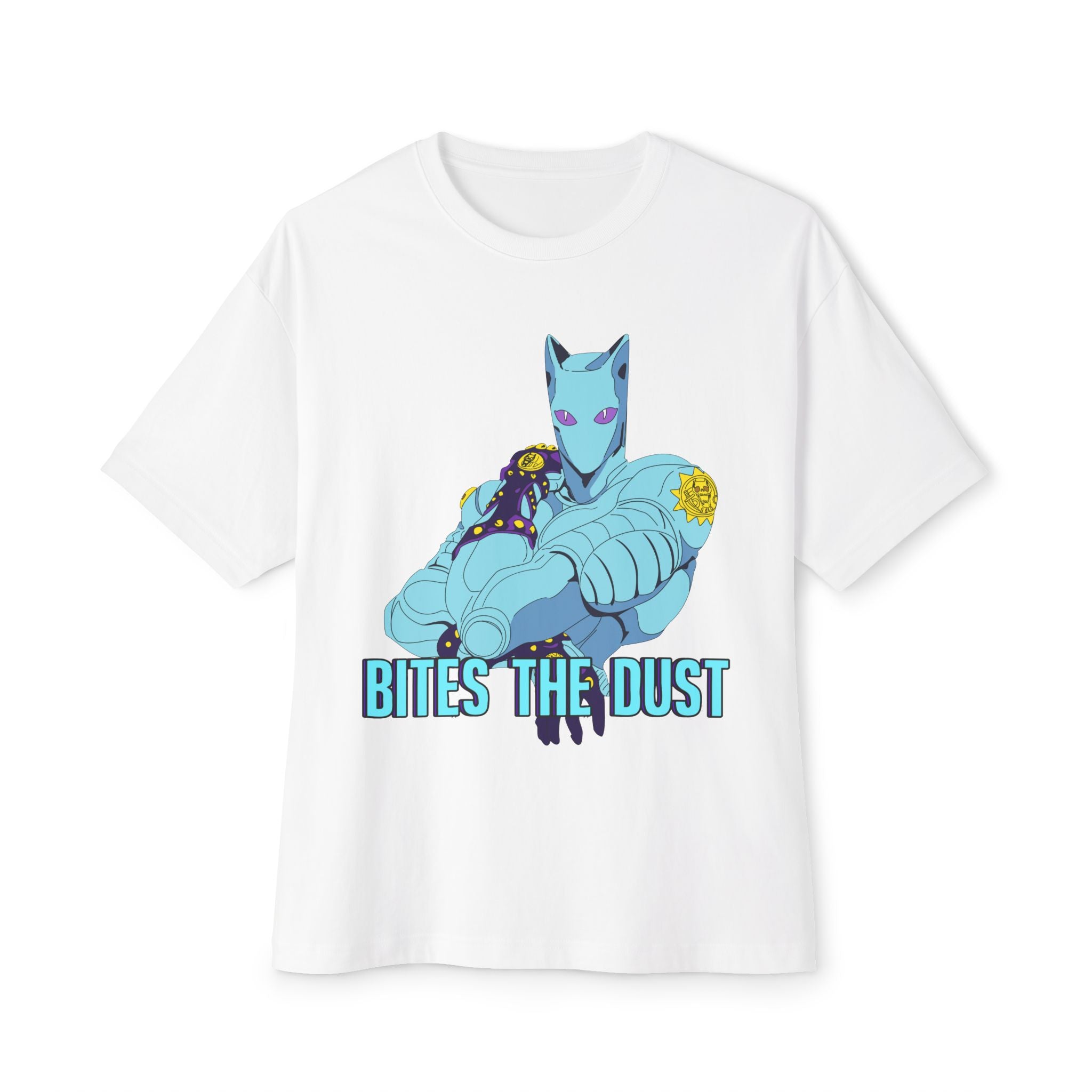 Jojo's Bizarre Adventure Inspired Killer Queen Oversized Graphic Tee — 'Bites the Dust' Anime-Style Armored Figure T‑Shirt