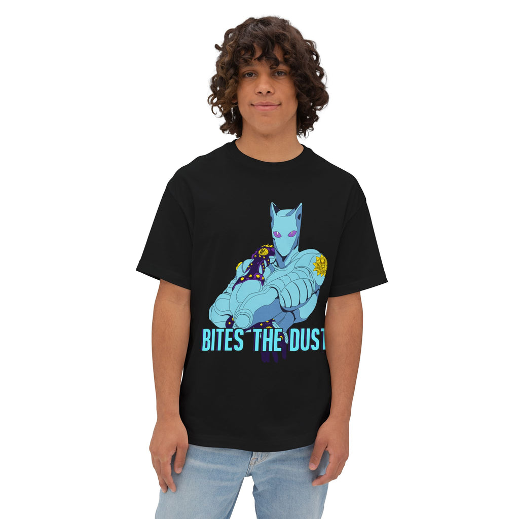 Jojo's Bizarre Adventure Inspired Killer Queen Oversized Graphic Tee — 'Bites the Dust' Anime-Style Armored Figure T‑Shirt