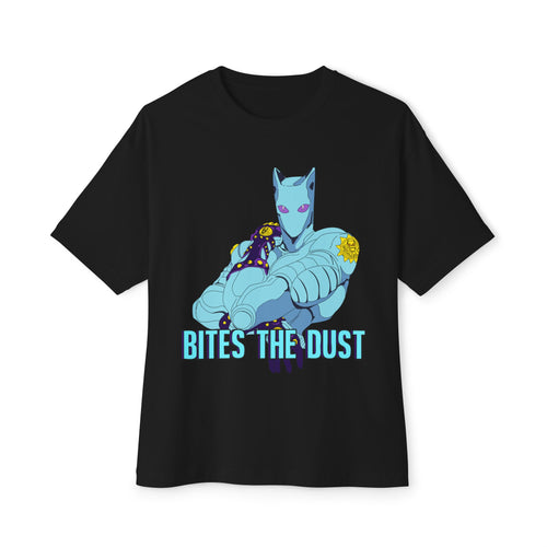Jojo's Bizarre Adventure Inspired Killer Queen Oversized Graphic Tee — 'Bites the Dust' Anime-Style Armored Figure T‑Shirt