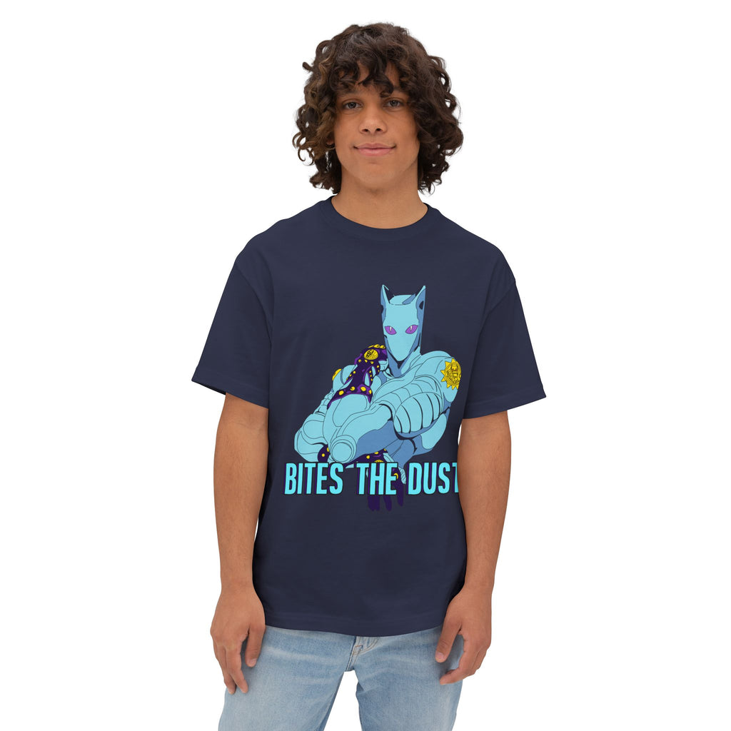Jojo's Bizarre Adventure Inspired Killer Queen Oversized Graphic Tee — 'Bites the Dust' Anime-Style Armored Figure T‑Shirt