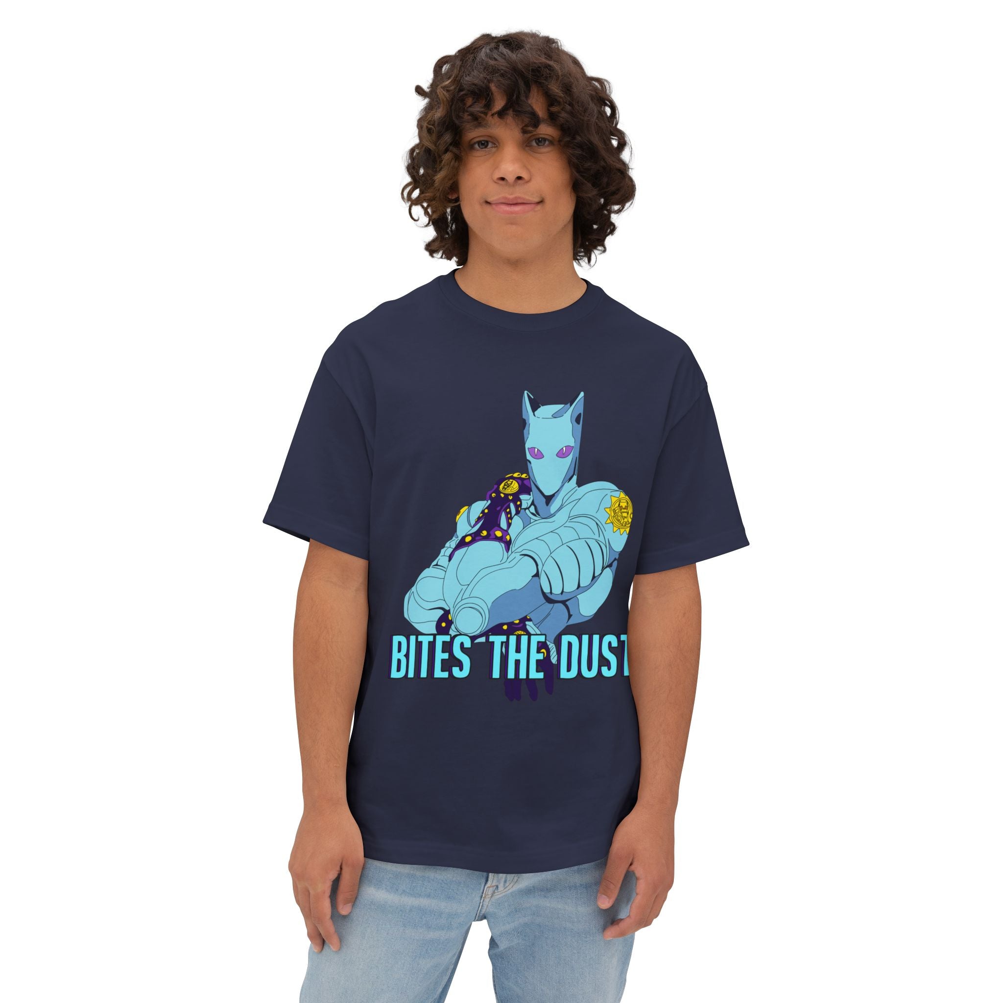 Jojo's Bizarre Adventure Inspired Killer Queen Oversized Graphic Tee — 'Bites the Dust' Anime-Style Armored Figure T‑Shirt