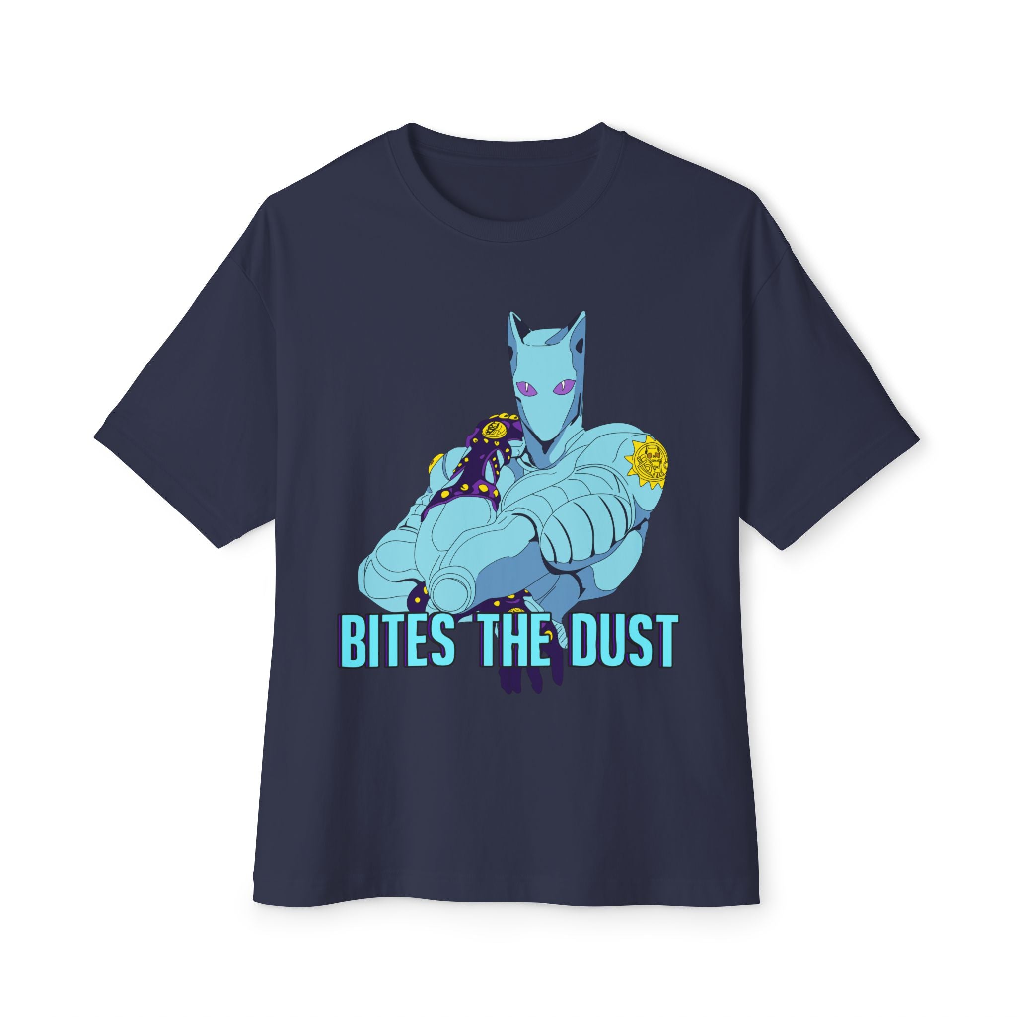 Jojo's Bizarre Adventure Inspired Killer Queen Oversized Graphic Tee — 'Bites the Dust' Anime-Style Armored Figure T‑Shirt
